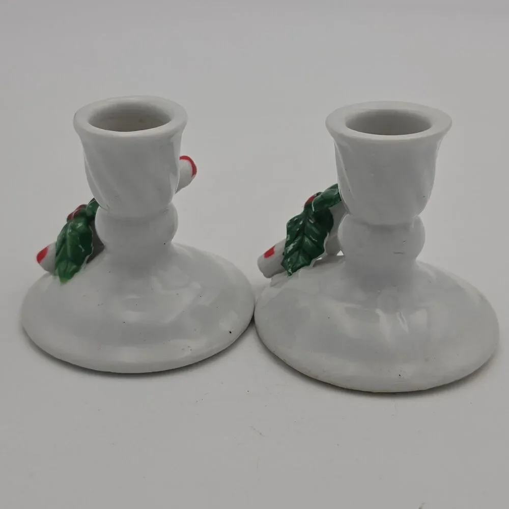 Vintage Christmas Ceramic Taper Candle Holders Set of 2 Candy Cane Holly